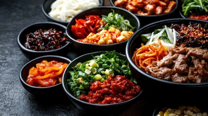 An array of tantalizing Korean side dishes arranged in elegant black bowls, highlighting the diversity and richness of Korean culinary tradition and flavorful compositions.