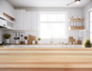 Wooden table at blurred kitchen background.