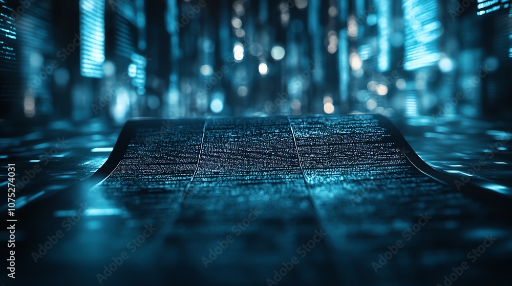 Poster abstract digital code with a blue glow on a dark background.
