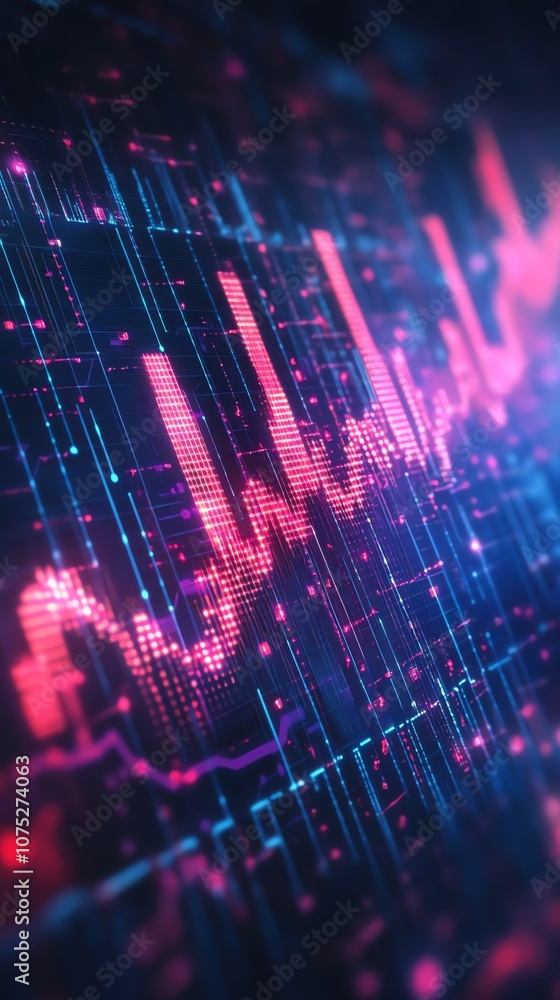 Poster abstract digital graph with glowing pink and blue lines on black background.