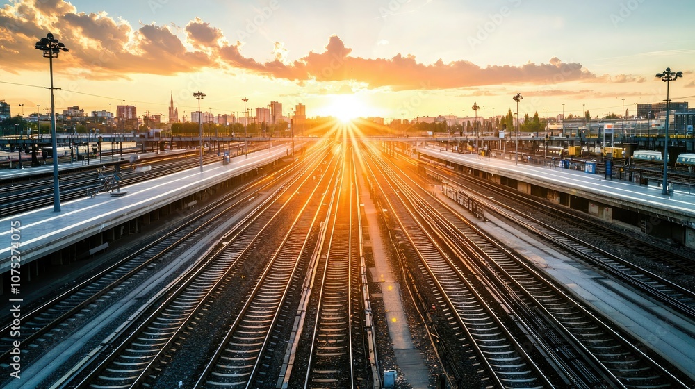 Poster A train station with multiple tracks and platforms, illustrating well-developed rail infrastructure. 