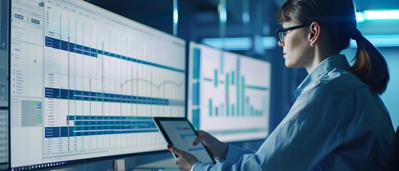 Project Manager Tracking Project Progress Using Gantt Chart on Tablet