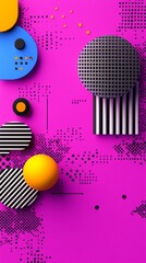 Abstract geometric shapes with black, white, blue, yellow, and orange colors on a pink background with a digital pattern.