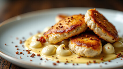 Crispy breaded chicken breasts with creamy sauce on a plate.