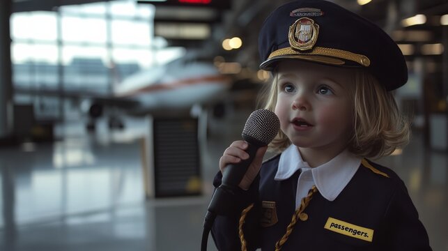 In an airport terminal, a child dressed as a pilot speaks into a microphone, radiating confidence and charm amid the bustling travelers.