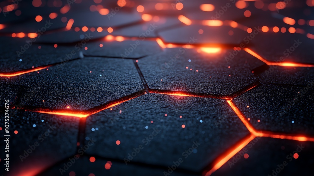 Fototapete Abstract hexagonal pattern with glowing edges, creating a futuristic and technological vibe.