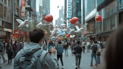 A busy urban street with whimsical floating characters, evoking a sense of wonder and the unexpected amid city life.