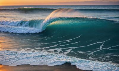 A large wave crashes on the shore at sunset, creating a beautiful display of foam and turquoise water