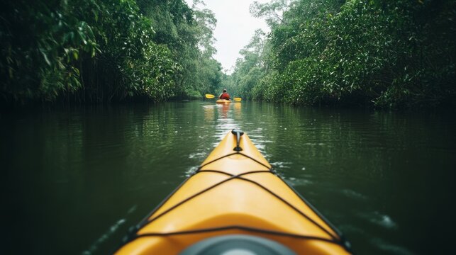 Bright kayaks glide over the languid river, surrounded by dense greenery, offering a peaceful adventure through the tranquil waterscape. - Powered by Adobe