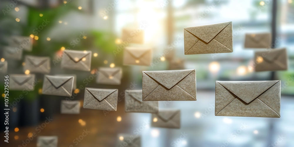 Aufkleber Abstract image of paper mail envelopes floating in mid air with blurry office background.