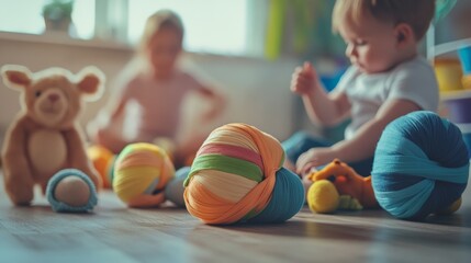Fototapeta premium Children play in a cozy room surrounded by colorful yarn balls and soft toys, sparking imagination and joy.