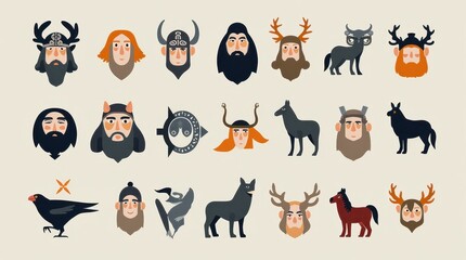 Fototapeta premium Norse Mythology Inspired Icons: Odin, Thor, Freyja, and Loki