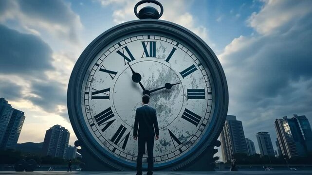 Man in a suit stands before a giant clock in a cityscape, contemplating time and existence during twilight hours