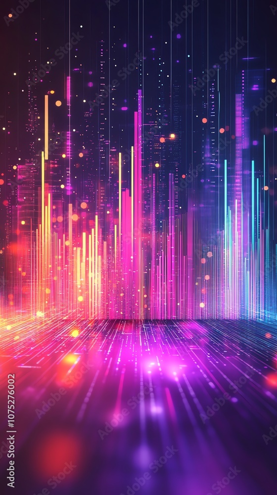 Poster abstract neon city skyline with glowing lines and particles.