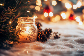 christmas decoration with candle and snow