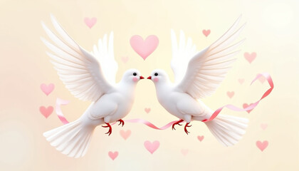 Obraz premium Two white doves kissing with floating hearts and ribbons 