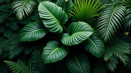 Lush Green Tropical Plant Bush with Monstera Palm Rubber Plant Pine and Fern Leaves