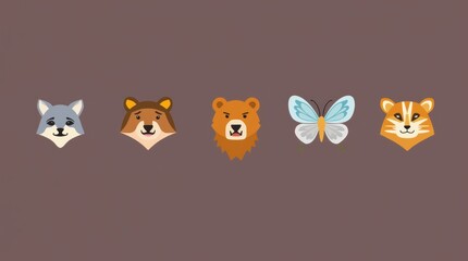 Fototapeta premium Animal Spirit Icons: Wolf, Bear, Crow, Butterfly, and Tiger
