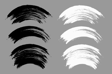Brush stroke vector. Painted curves, arc lines, isolated. Grunge curvy backgrounds. Textured design elements. Black and white brush options