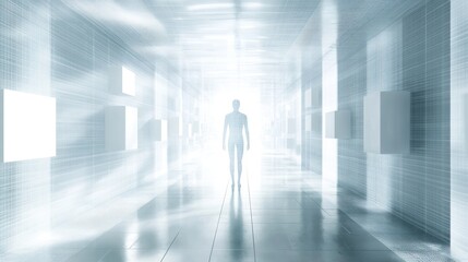 Futuristic Hallway with Silhouette Walking Towards Light in a Minimalistic Sci-Fi Setting