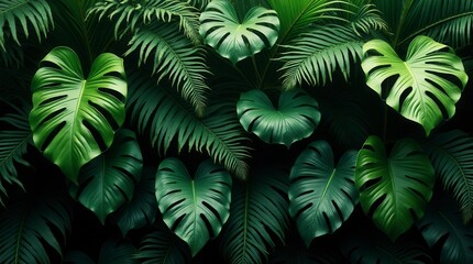 Lush Green Tropical Plant Bush with Monstera Palm Rubber Plant Pine and Fern Leaves