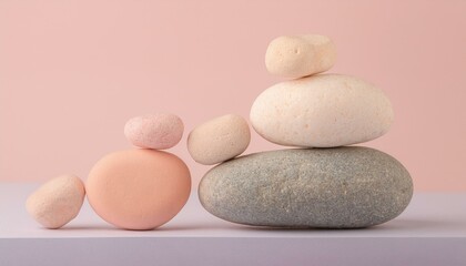 A stack of smooth, colorful stones arranged on a light pink surface.  The stones are a variety of shapes and sizes, creating a visually interesting composition.