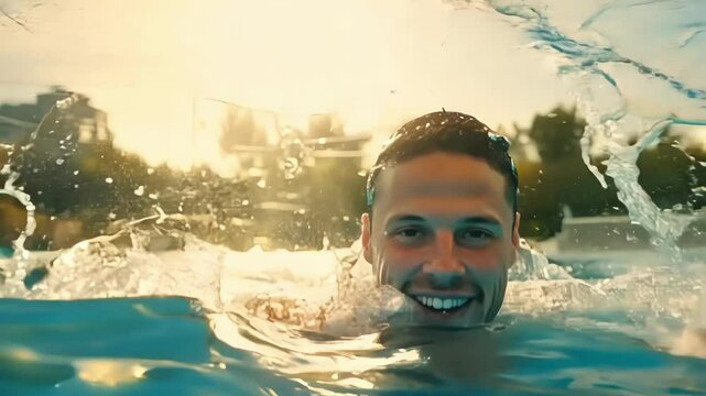 Diver plunges into a swimming pool, creating a splash and radiating energy. The water sparkles under the sunlight, capturing the joy of summertime activity.
