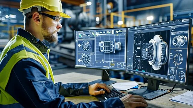 Engineer working on design software in a modern manufacturing facility during evening hours