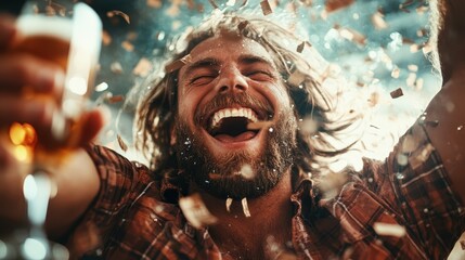 An ecstatic man with a beard laughs joyfully amidst flying confetti, holding a glass of drink, capturing the essence of celebration and happiness in a festive scene.