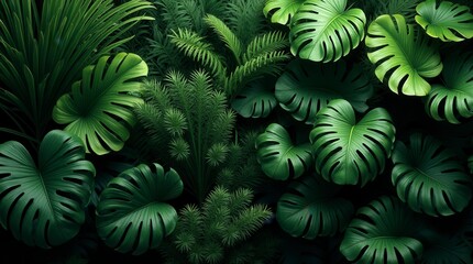 Lush Green Tropical Plant Bush with Monstera Palm Rubber Plant Pine and Fern Leaves