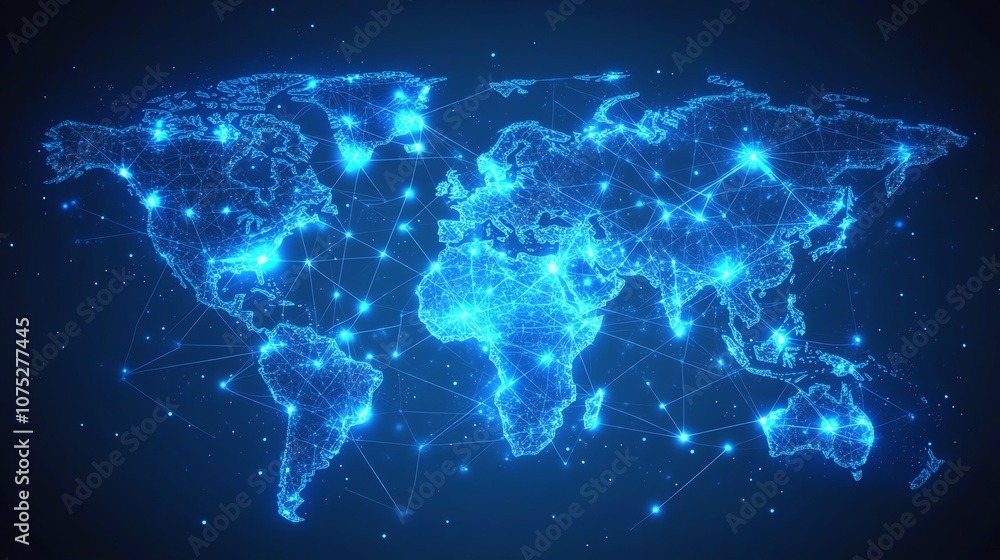 Aufkleber Abstract world map with glowing lines and points, representing global connections.