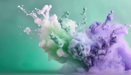 Abstract art with green, purple, and white paint swirls in water.