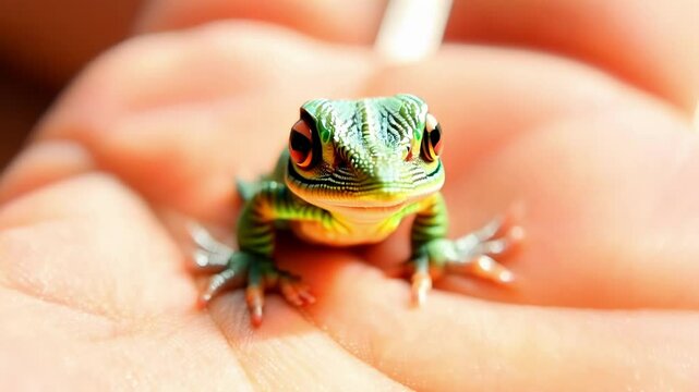 Tiny green frog rests on a human hand, its bright eyes and vivid color highlighting the beauty of nature's small creatures. The background blurs for focus on the frog.