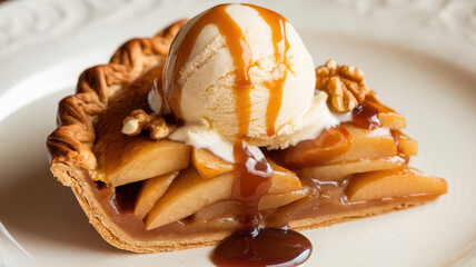 A delicious slice of apple pie topped with creamy vanilla ice cream, drizzled with caramel sauce and garnished with walnuts.