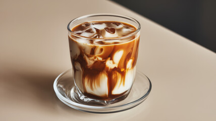 A close-up of a refreshing iced coffee drink with swirling milk, served in a clear glass on a light beige table.