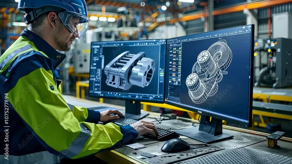 Poster engineer working on 3d design for mechanical components in a busy manufacturing facility in the afte