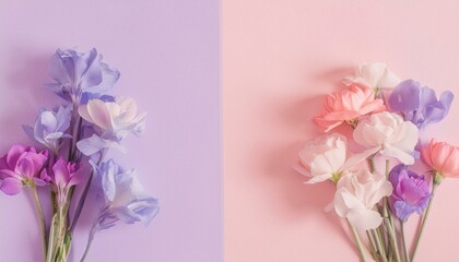Fototapeta premium Delicate pastel flowers arranged on a purple and pink background.