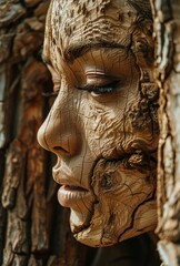 Close-up portrait blending human face with cracked wooden texture, showcasing artistry in earth tones and wood-like textures.