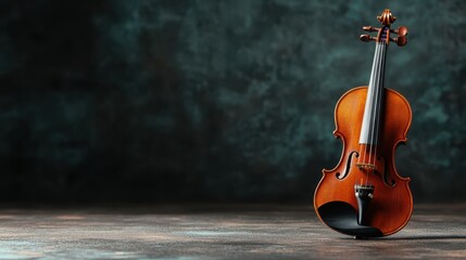 A violin stands upright against a dark backdrop, highlighting its elegant curves and polished...