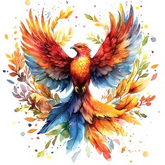 Obraz premium Watercolor Phoenix Bird with Colorful Feathers and Floral Surroundings.