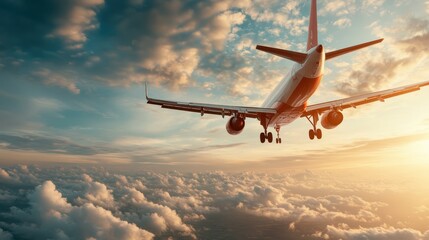 A commercial airplane soars majestically through a vibrant sunset sky, casting shadows over the scattered clouds, symbolizing travel and exploration.