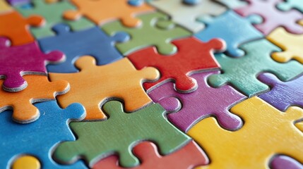 Fototapeta premium A colorful assortment of interlocking puzzle pieces scattered on a surface.