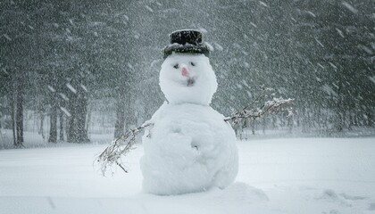 A snowman standing alone on a snowy day