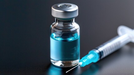 Close-Up of a Clear Medical Vial with Blue Liquid and a Syringe Resting Nearby, Representing Vaccinations and Health Care Initiatives