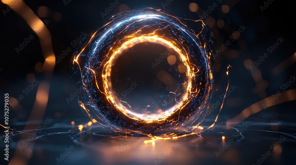 Poster futuristic digital sphere with glowing energy effects and radiant light trails on a dark background 