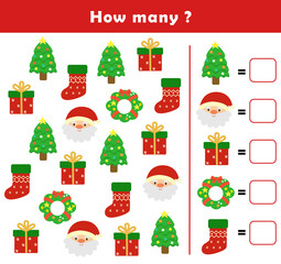 Christmas activity sheet. Counting educational children game. Math kids activity sheet. How many counting game with cute christmas illustration.	