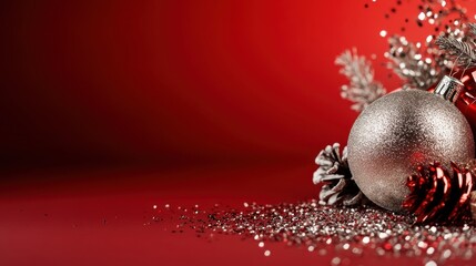 A shimmering silver Christmas ornament rests quietly on a vibrant red background, surrounded by pine cones and glitter, creating a festive holiday ambiance.