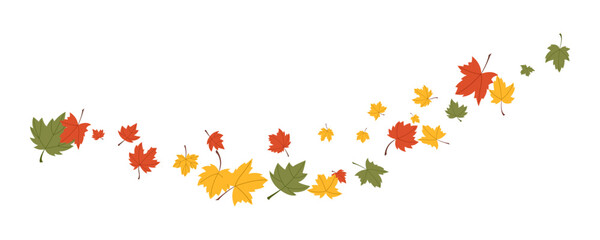 Yellow, red and green autumn leaves gently float seasonal design. maple leaf flying in air