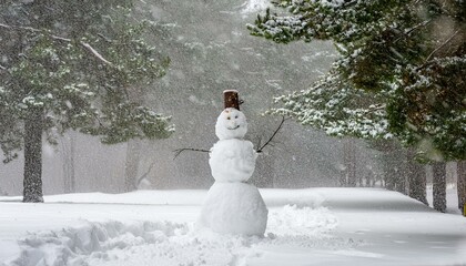 Fototapeta premium A snowman standing alone on a snowy day