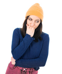 Doubt young woman looking to side, thinking with frowned face expression, isolated on white...